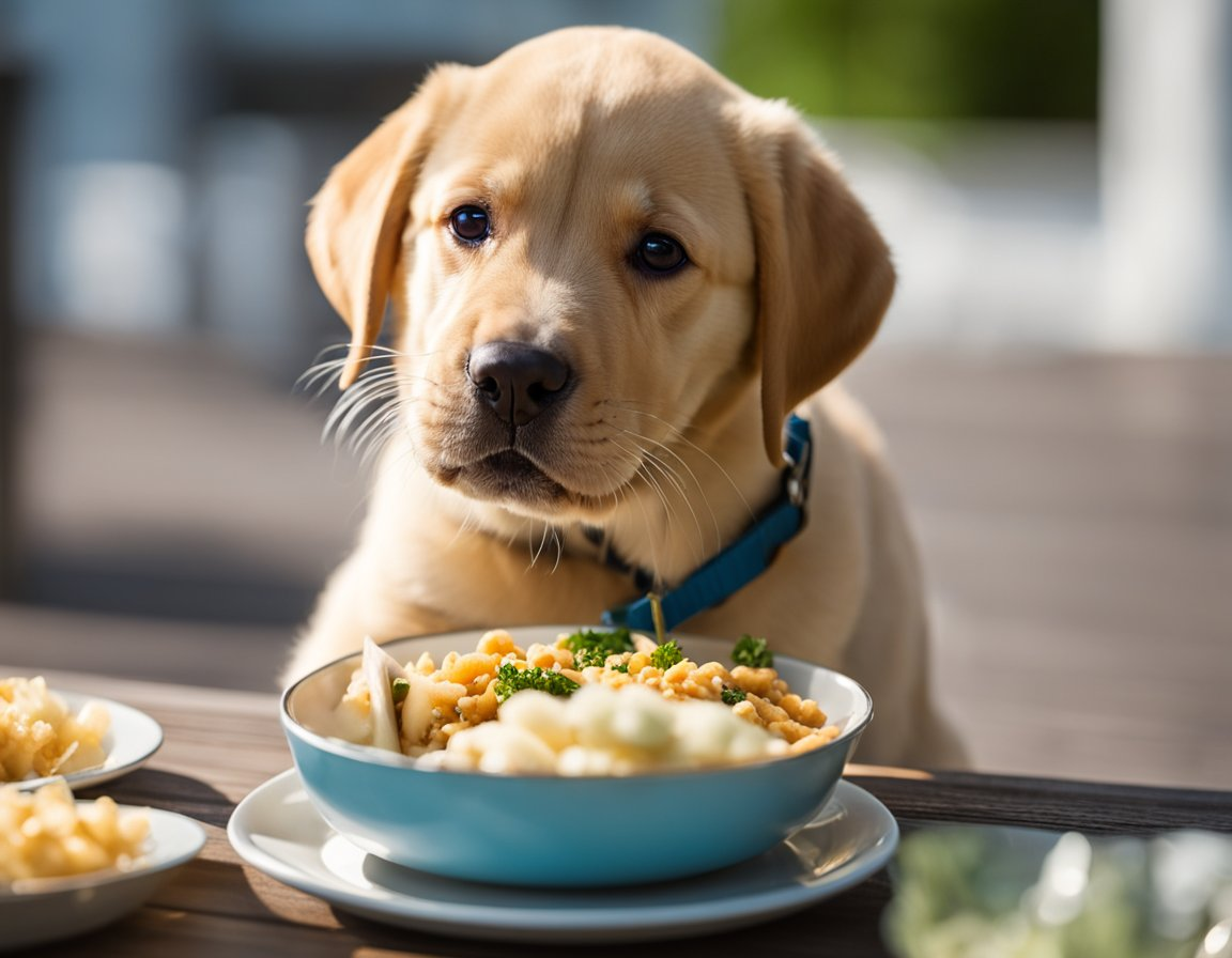 A yellow Labrador retriever puppy with his healthy meal on a ceramic bowl in front of him