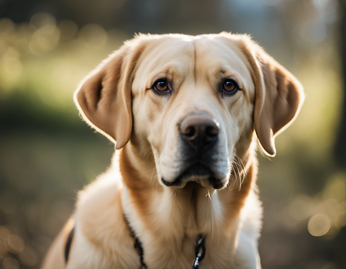 An adult yellow Labrador retriever wearing a collar with face in close up
