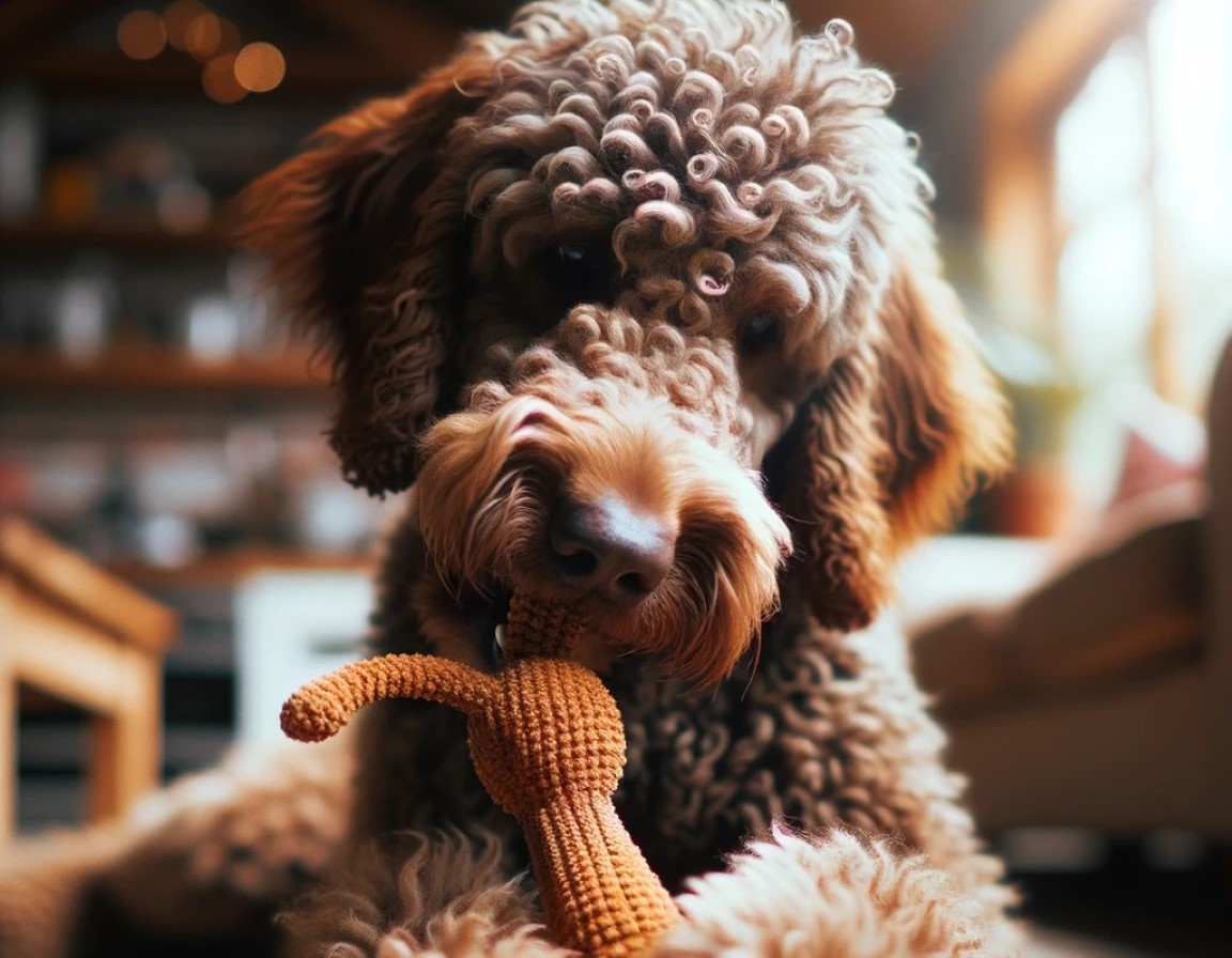 a curly coated retriever playing with a rag doll inside a house