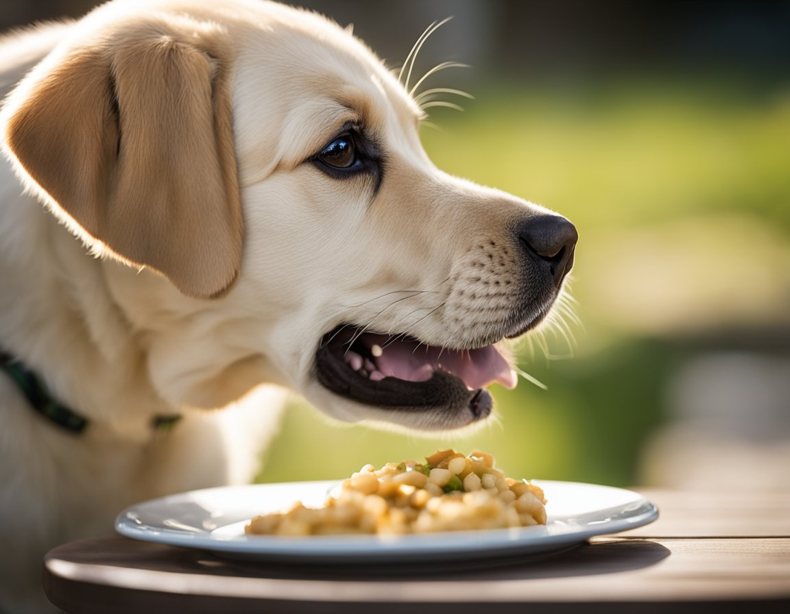 a yellow Labrador retriever looking sideways and in front of it is a food on a plate
