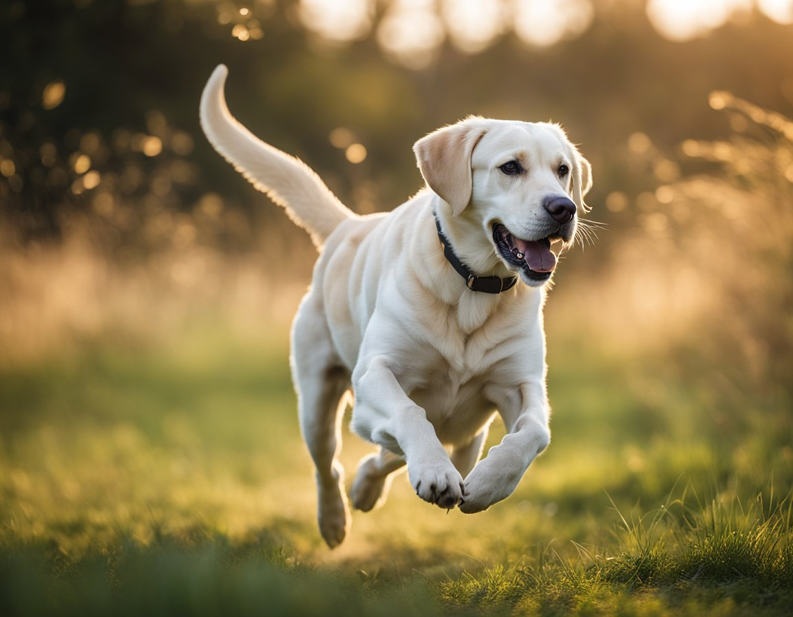 a white Labrador retriever dog with a collar running on a field full of grass