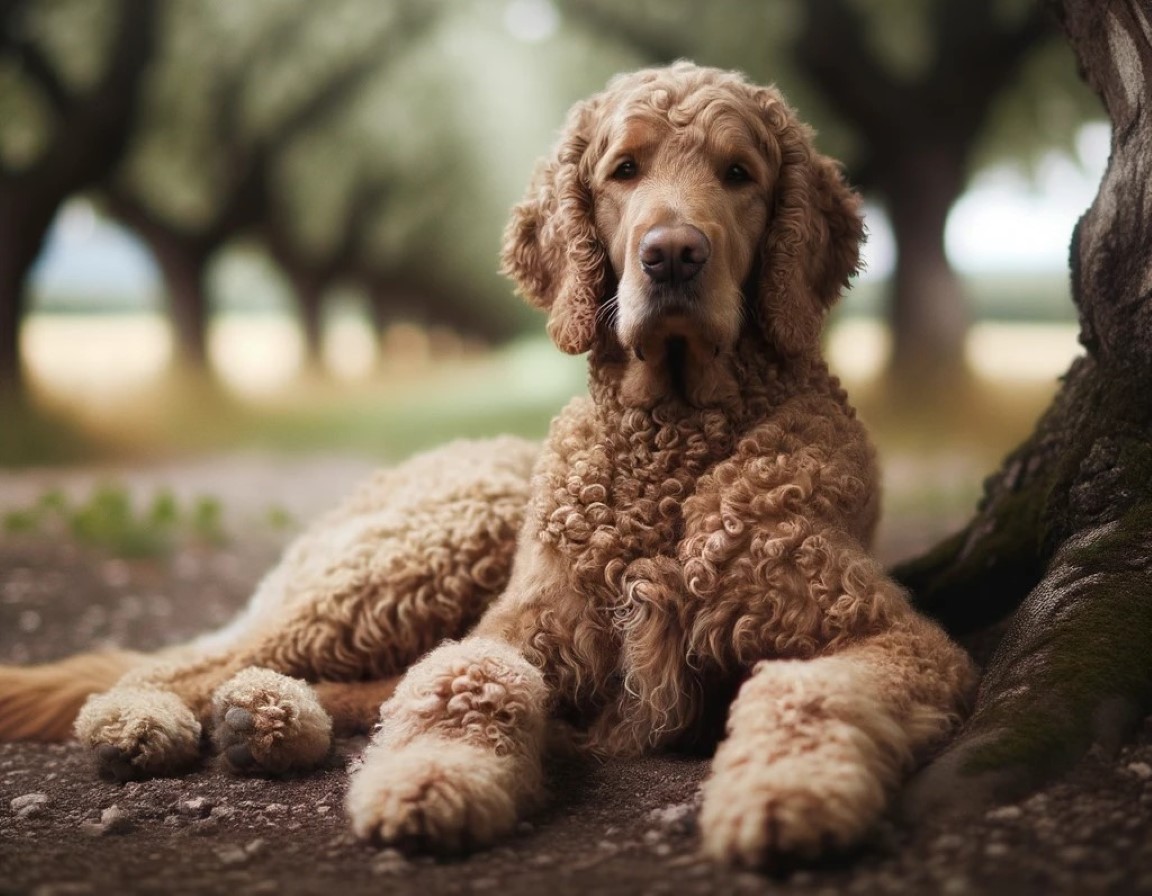 a brown curly coated retriever sitting and resting beside a root of a tree