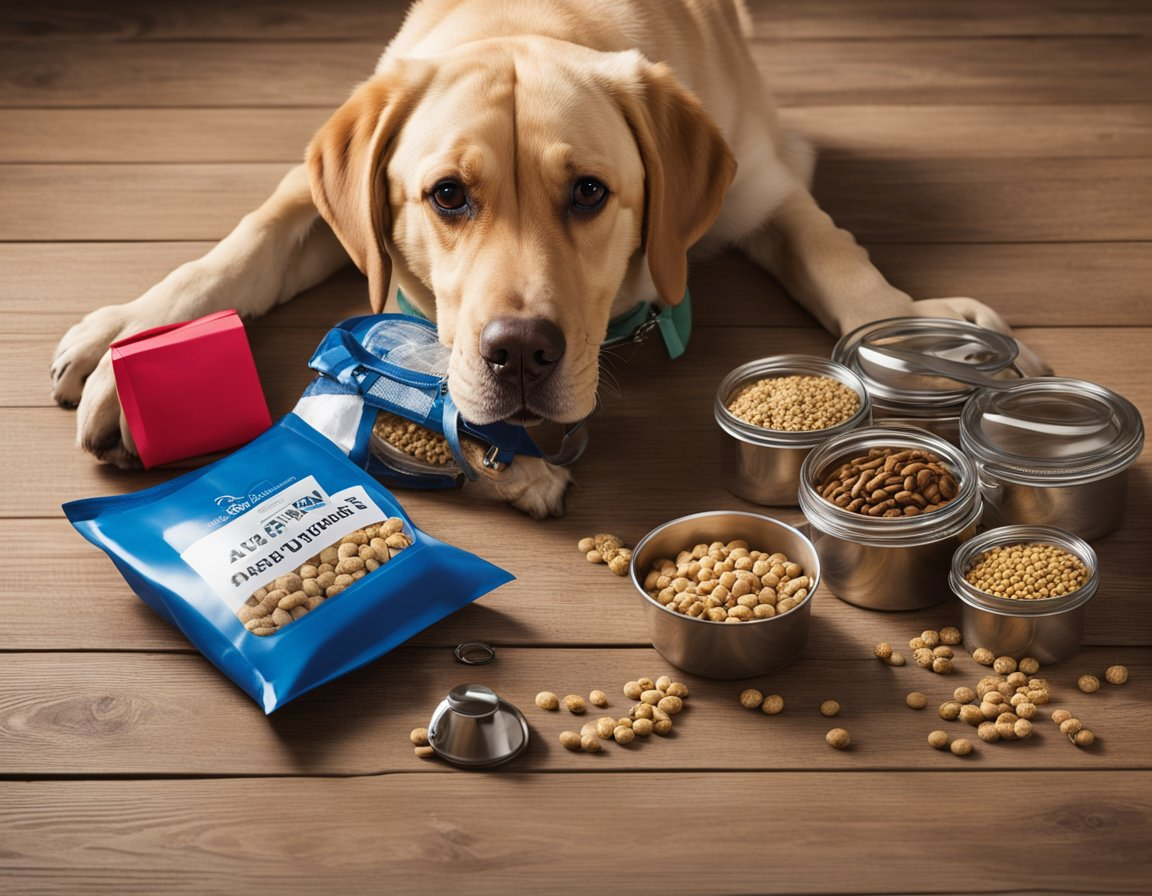yellow labrador retriever laying on the floor with different kind of dog foods
