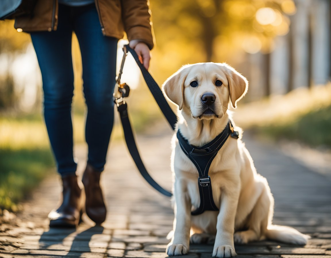 a yellow labrador retriever resting after walking with his owner