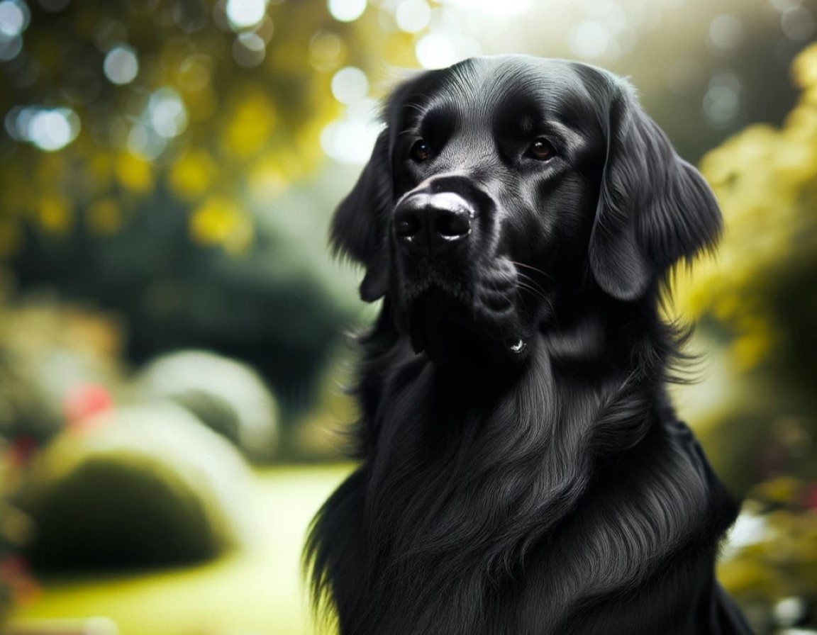 a close up photo of a black flat coated retriever with beautiful flat coat and a garden on a background
