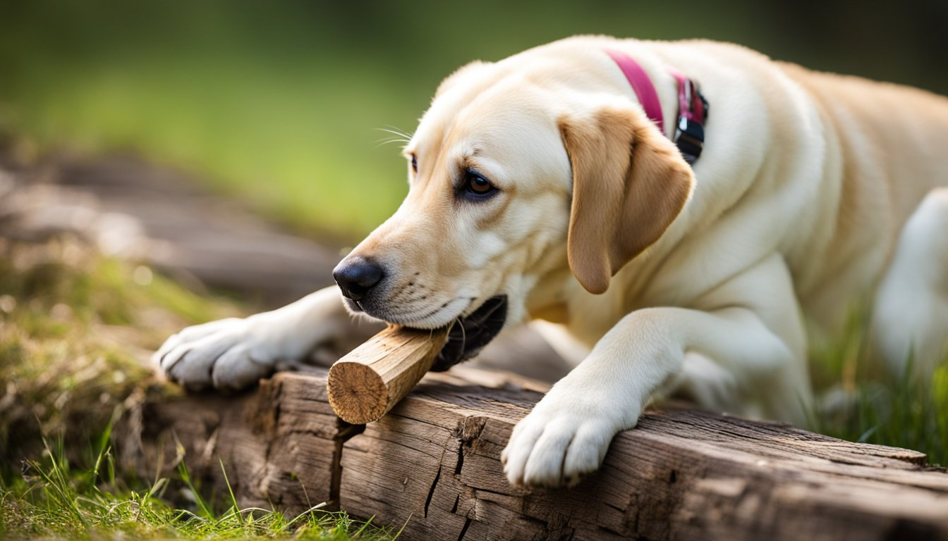 labrador retriever sitting on a log biting a piece of wood