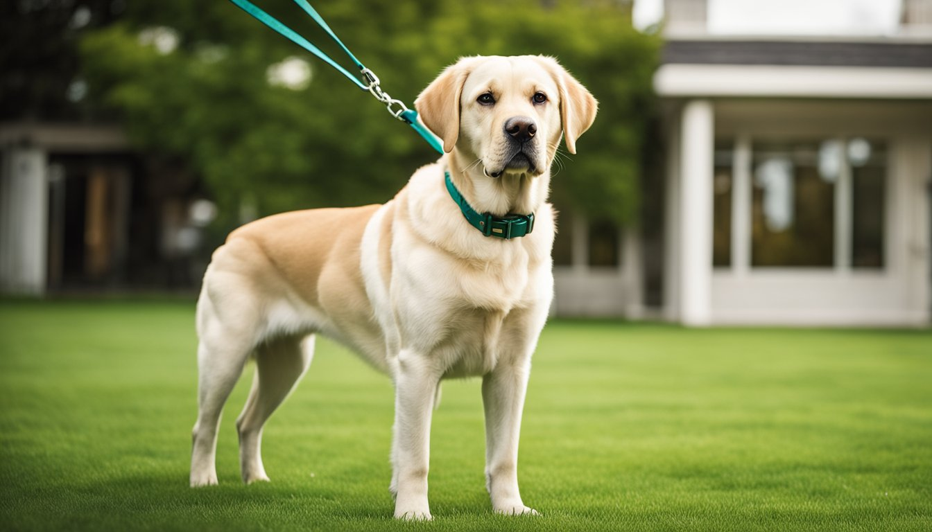 labrador retriever with a leash stading on the lawn