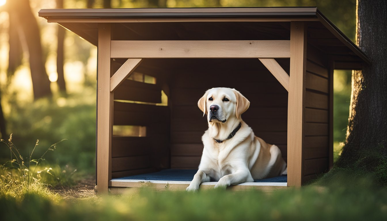 outdoor doghouse with a labrador retriever