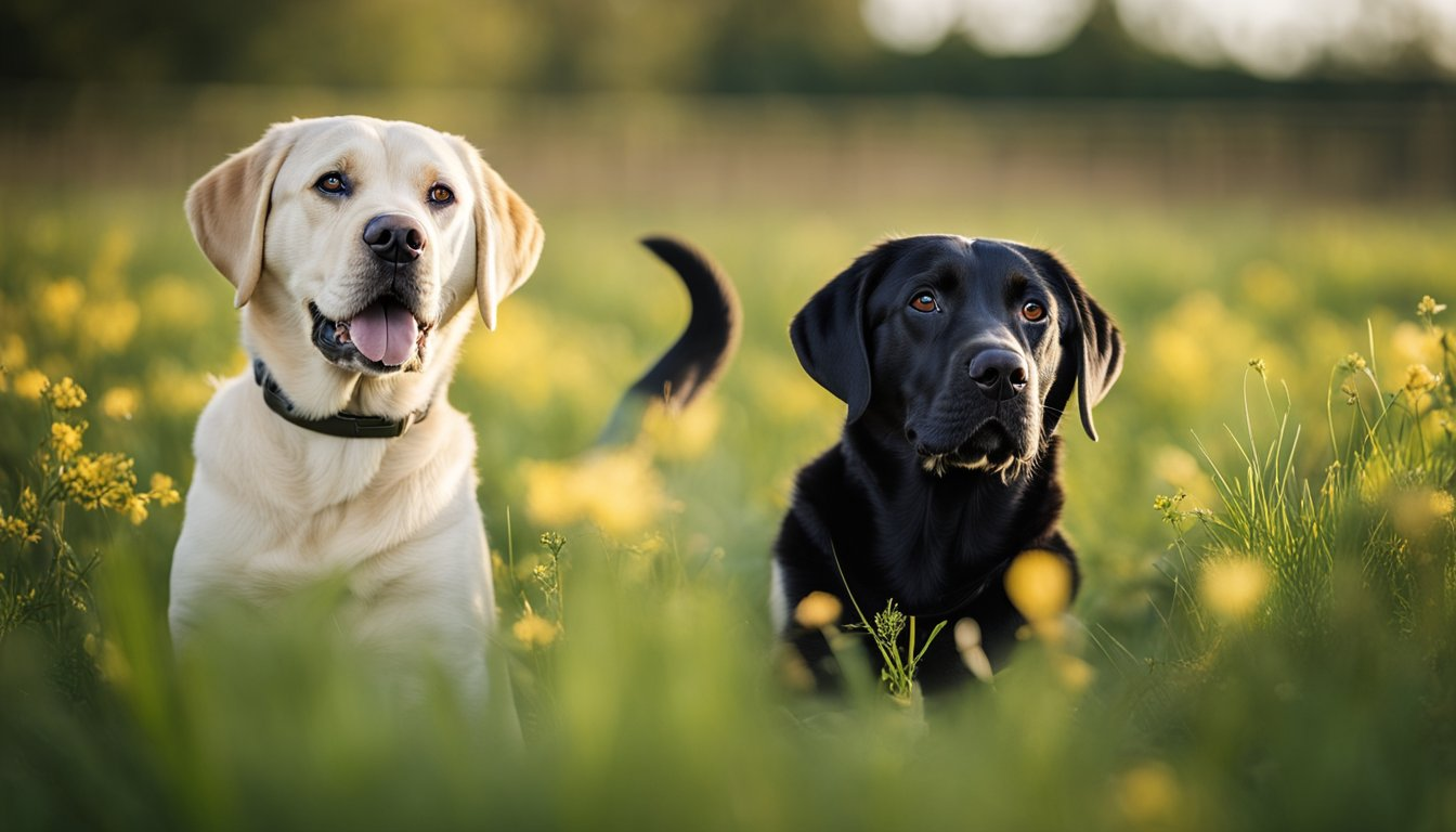 two labrador retriever with different colors, a black and a white