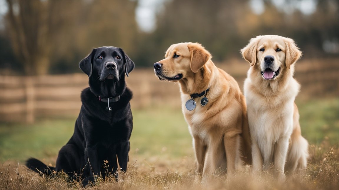 A black labrador retriver and two golden retrievers sitting on a field of grass
