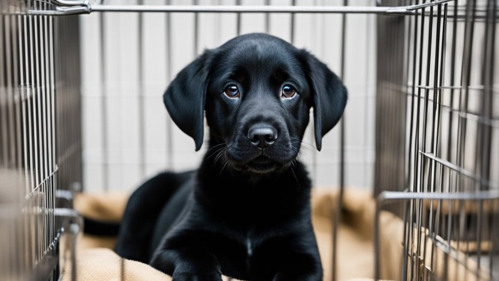 black labrador puppy lying inside the crate