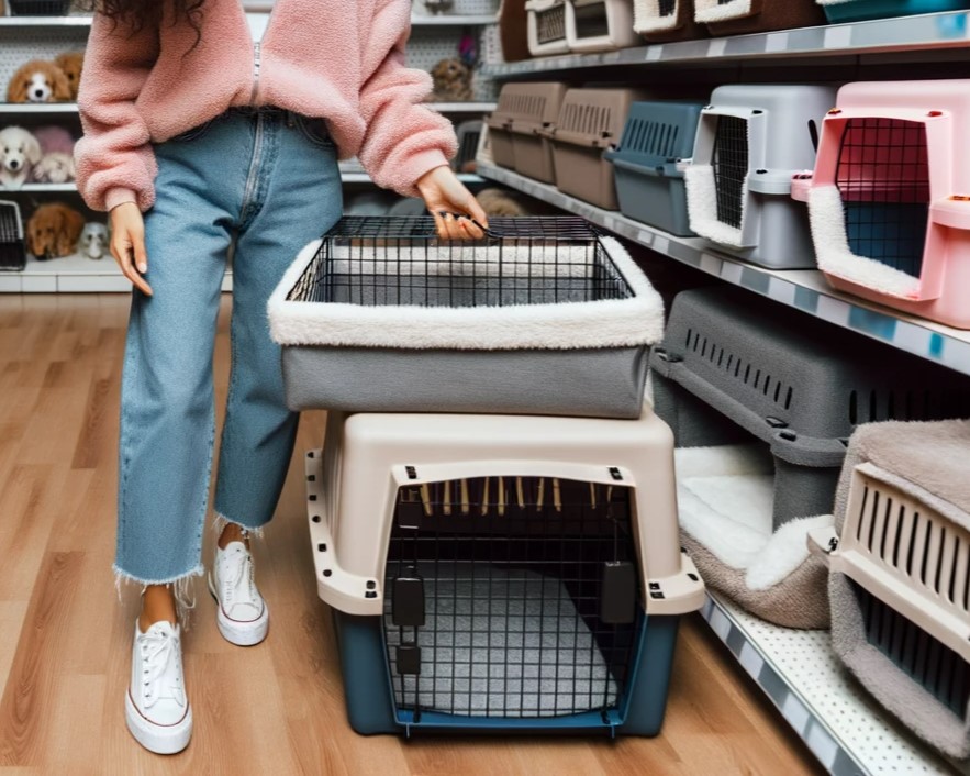 women carrying a dog crate in a pet shop